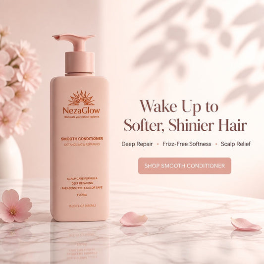 NezaGlow Smooth Conditioner in a light pink pump bottle on a marble surface with floral accents and soft lighting.