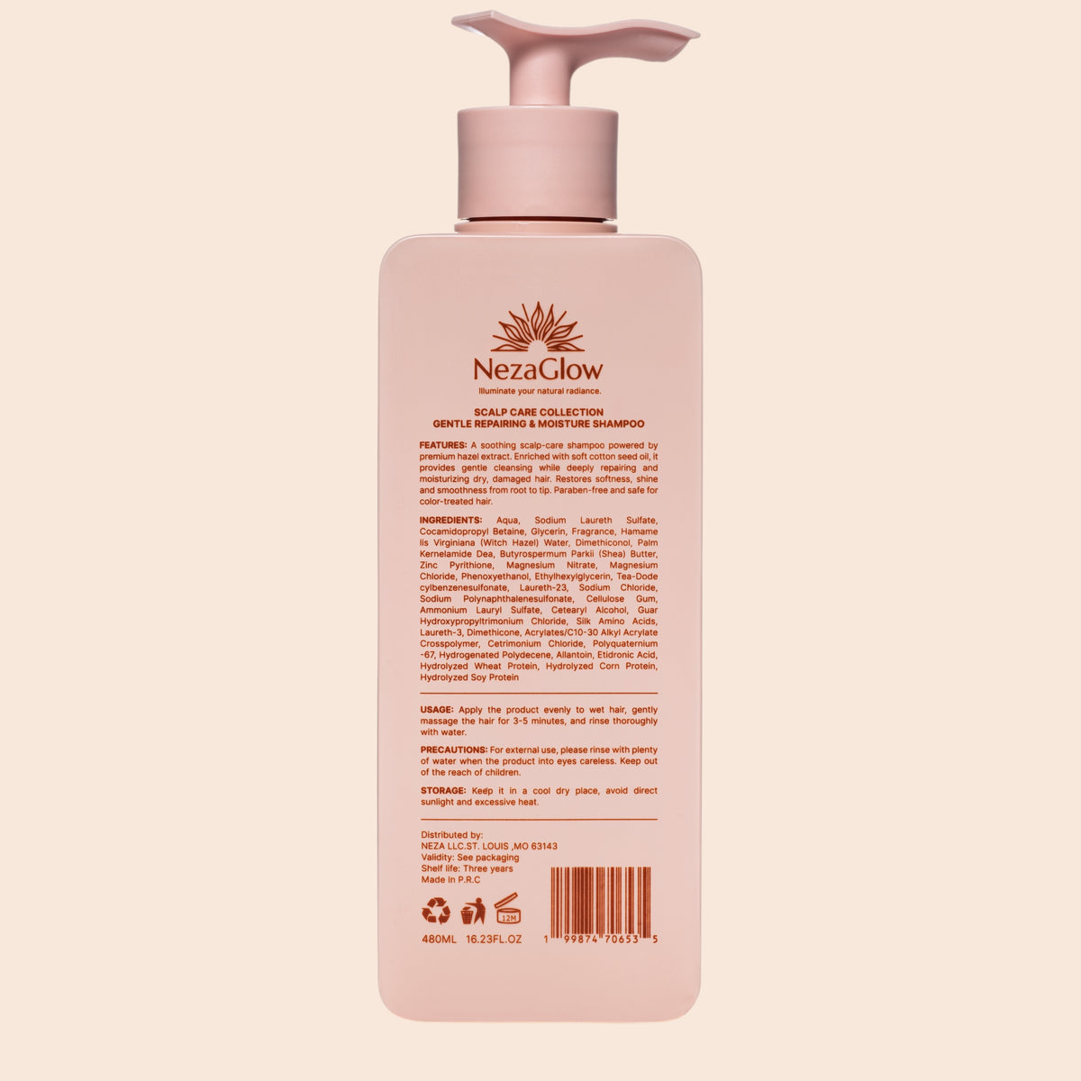 NezaGlow Smooth Shampoo bottle back view showing ingredients list, usage instructions, and product details.