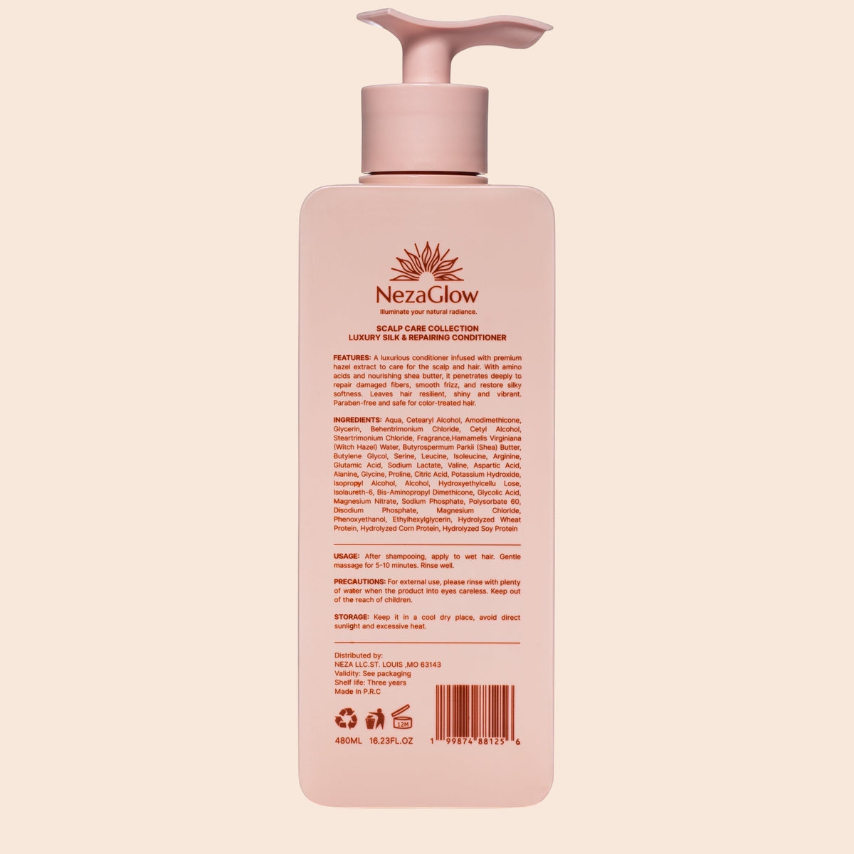 Back of NezaGlow Smooth Conditioner bottle showing ingredients, usage instructions, and product details on a label.