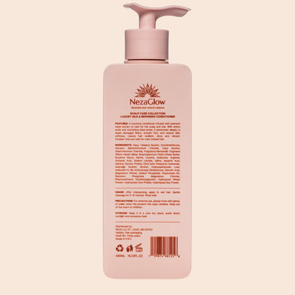Back of NezaGlow Smooth Conditioner bottle showing ingredients, usage instructions, and product details on a label.