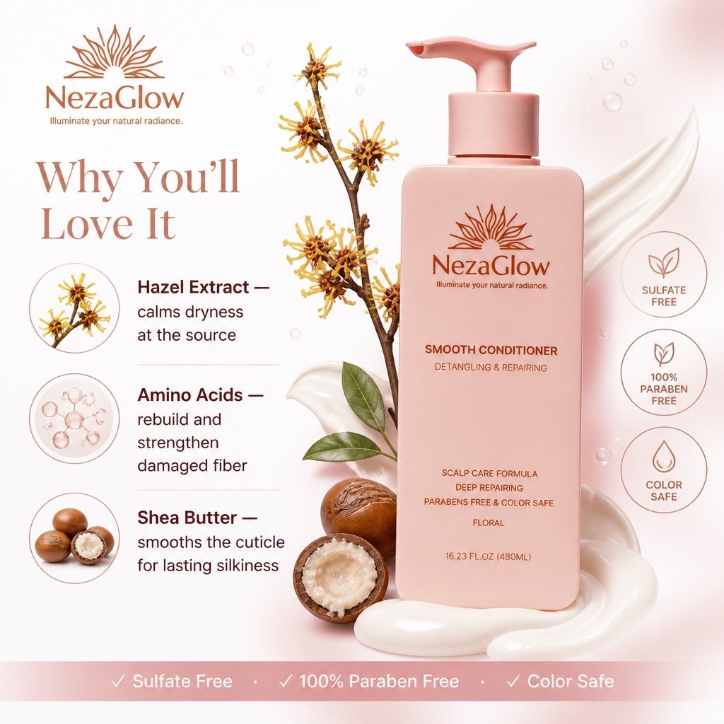 NezaGlow Smooth Conditioner bottle with hazel extract and shea butter, featuring sulfate-free and color-safe benefits.