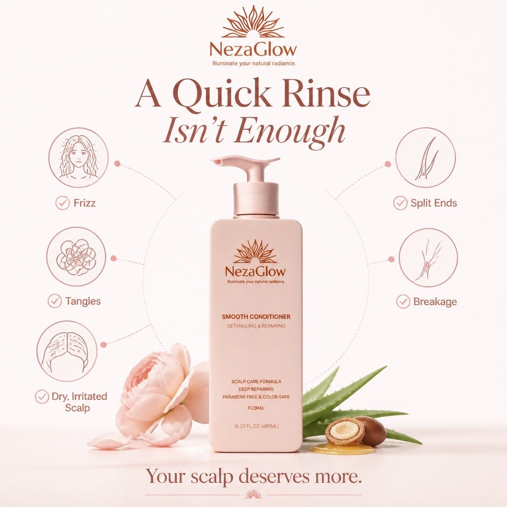NezaGlow Smooth Conditioner bottle with pump, featuring floral and aloe accents, highlighting scalp care benefits.