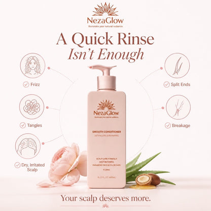 NezaGlow Smooth Conditioner bottle with pump, featuring floral and aloe accents, highlighting scalp care benefits.