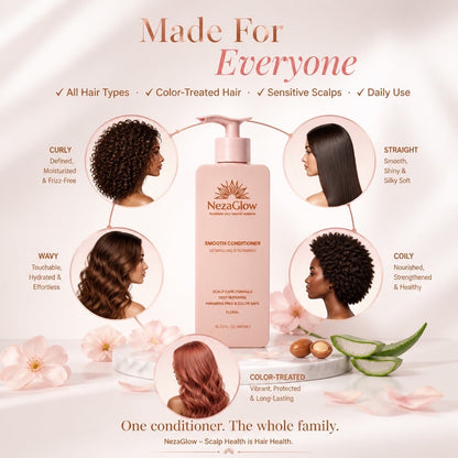 NezaGlow Smooth Conditioner bottle surrounded by diverse hair types and natural ingredients like hazel and shea butter.