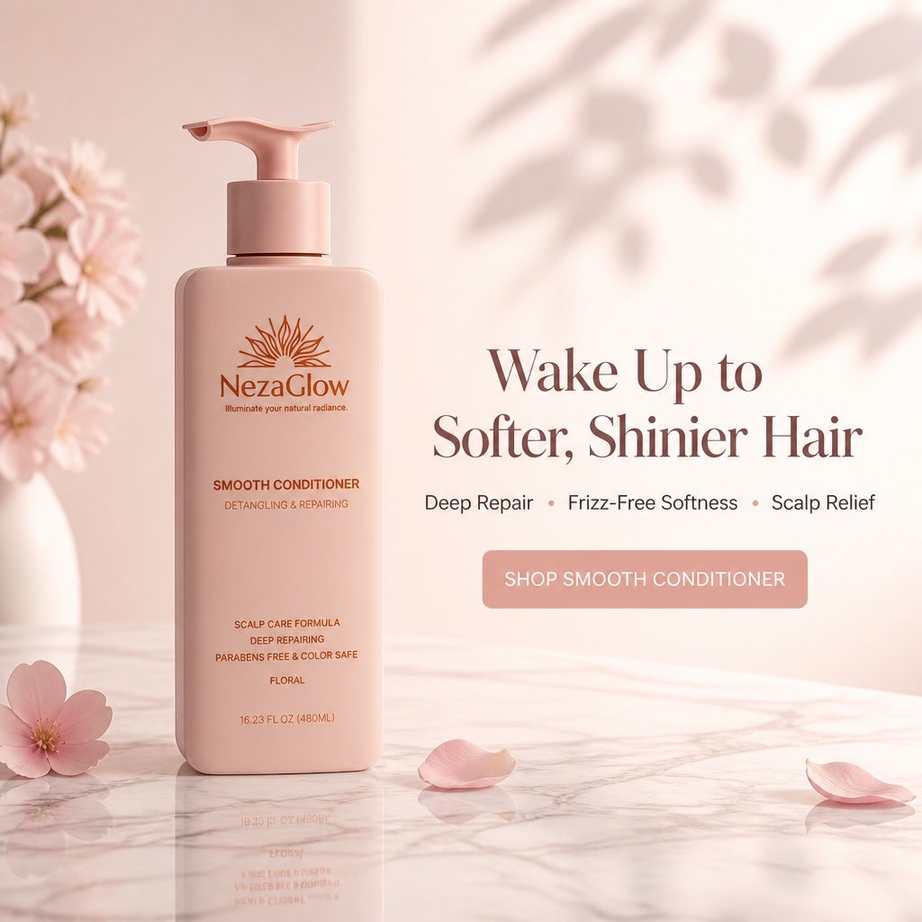 NezaGlow Smooth Conditioner in a light pink pump bottle on a marble surface with floral accents and soft lighting.