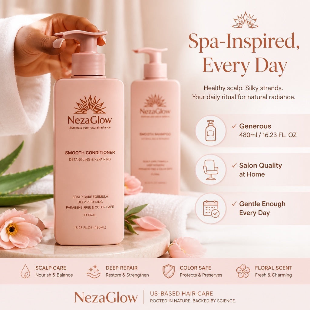 NezaGlow Smooth Conditioner in a pink bottle with pump, featuring scalp-soothing and color-safe hair care benefits.