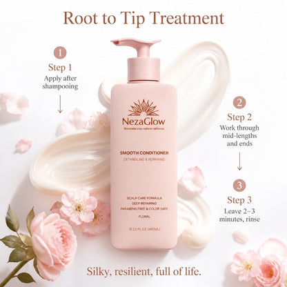NezaGlow Smooth Conditioner in a pink pump bottle with floral accents, showing application steps for hair care.