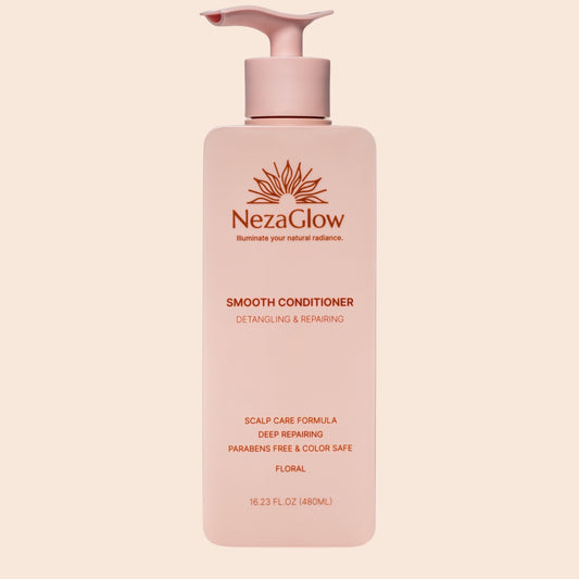 NezaGlow Smooth Conditioner in a light pink pump bottle for repairing and detangling hair, sulfate-free formula.