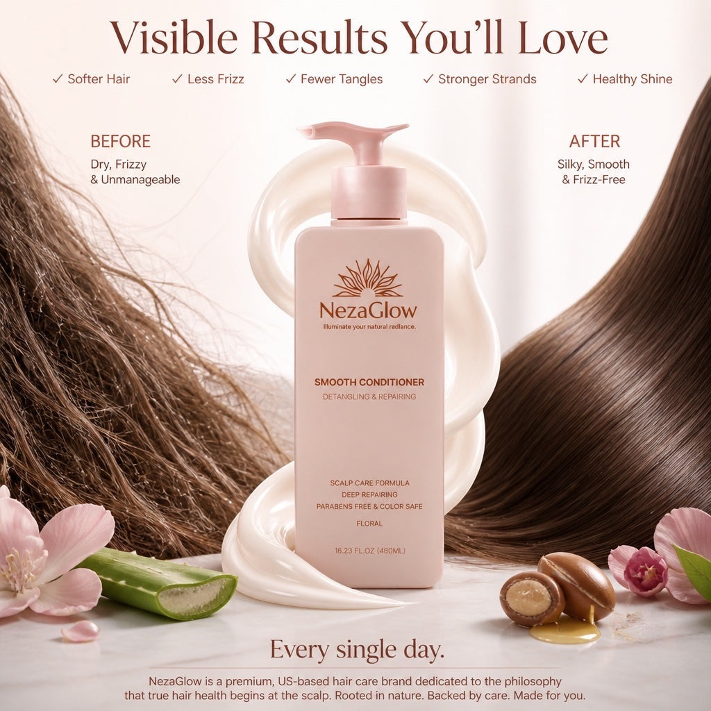 NezaGlow Smooth Conditioner bottle with pump, featuring hair repair ingredients like shea butter and aloe vera.