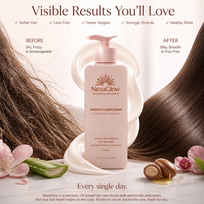 NezaGlow Smooth Conditioner bottle with pump, featuring hair repair ingredients like shea butter and aloe vera.