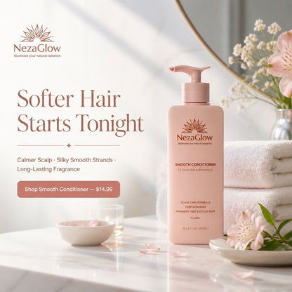 NezaGlow Smooth Conditioner in a pink pump bottle on a marble vanity with towels, a candle, and flowers.