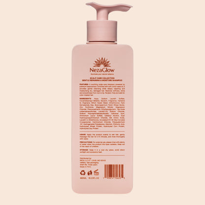 NezaGlow Smooth Shampoo bottle back view showing ingredients list, usage instructions, and product details.