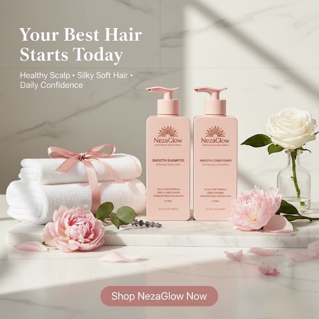 NezaGlow Smooth shampoo and conditioner set in pink pump bottles with white towels and flowers on a marble surface.
