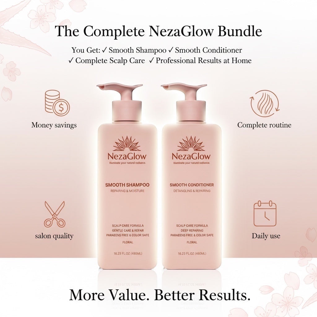 NezaGlow Smooth Shampoo and Conditioner set in pale pink pump bottles with floral background and product benefits.