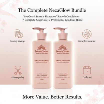 NezaGlow Smooth Shampoo and Conditioner set in pale pink pump bottles with floral background and product benefits.