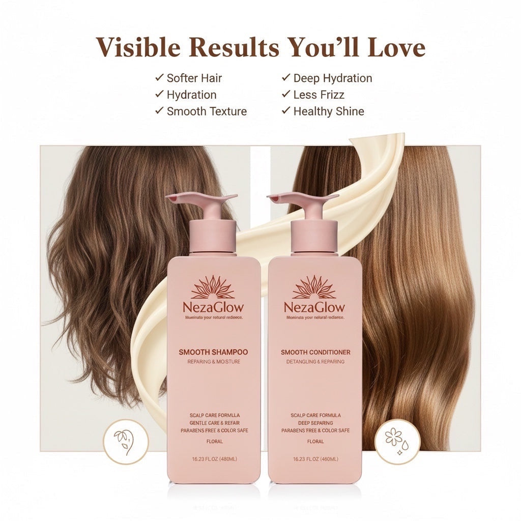 NezaGlow Smooth shampoo and conditioner set in pink pump bottles with floral icons and hair health benefits listed.