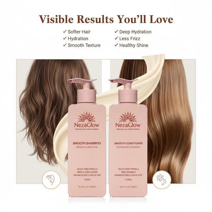 NezaGlow Smooth shampoo and conditioner set in pink pump bottles with floral icons and hair health benefits listed.