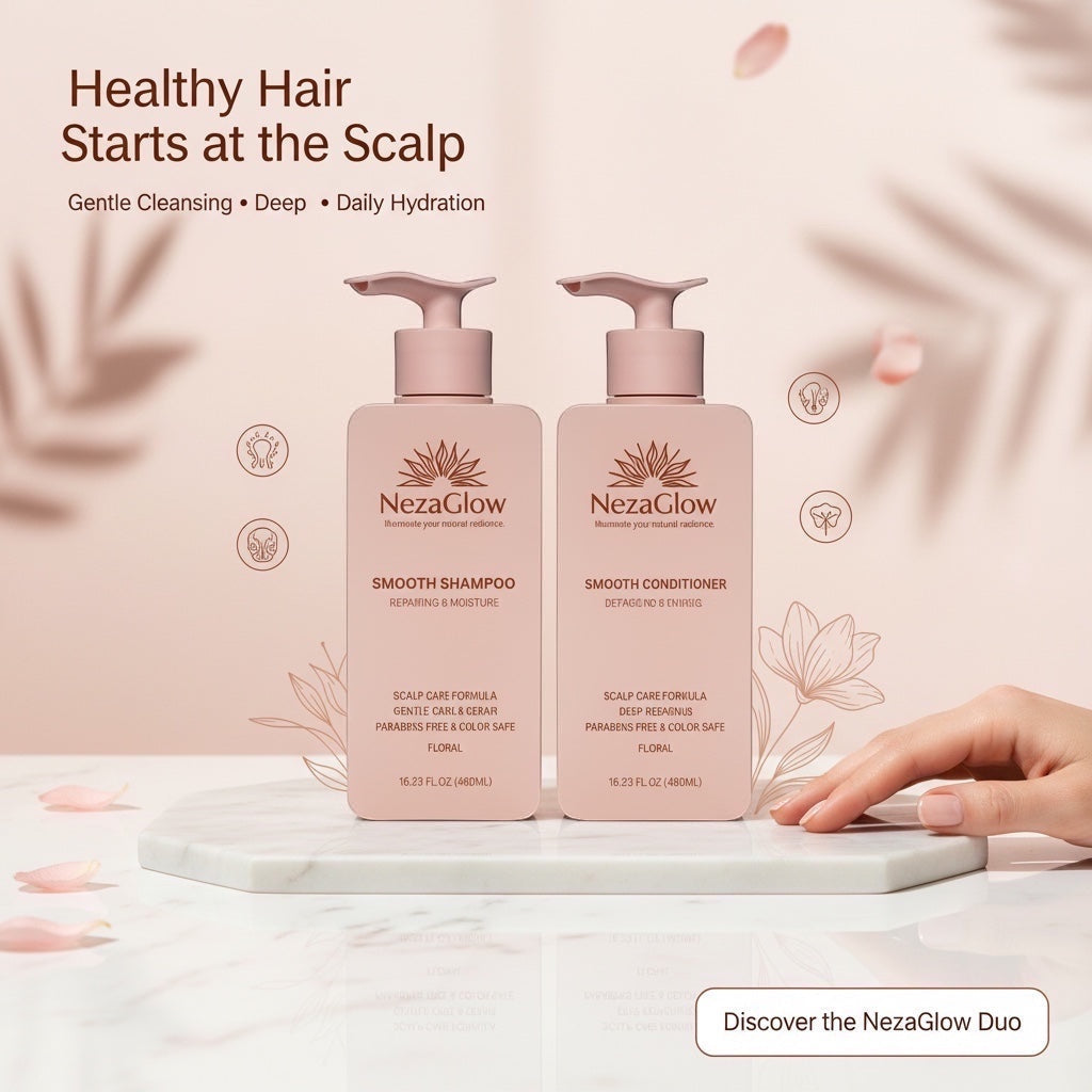 NezaGlow Smooth shampoo and conditioner set in blush pink pump bottles on a marble surface with floral accents.