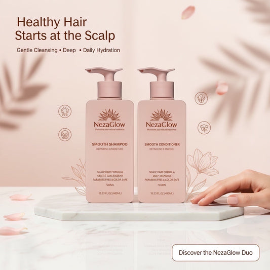 NezaGlow Smooth shampoo and conditioner set in blush pink pump bottles on a marble surface with floral accents.