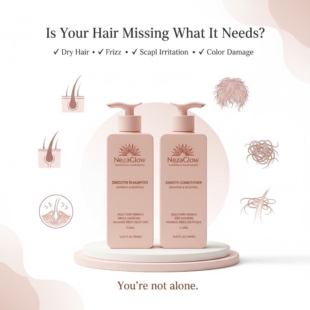 NezaGlow Smooth shampoo and conditioner set in light pink pump bottles for scalp health and hair repair.
