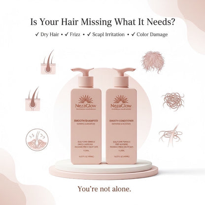NezaGlow Smooth shampoo and conditioner set in light pink pump bottles for scalp health and hair repair.