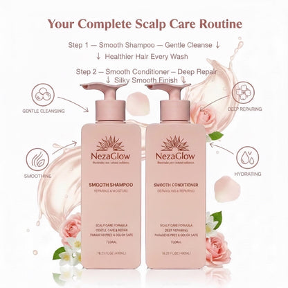 NezaGlow Smooth shampoo and conditioner set in minimalist pink pump bottles with floral accents for scalp care.