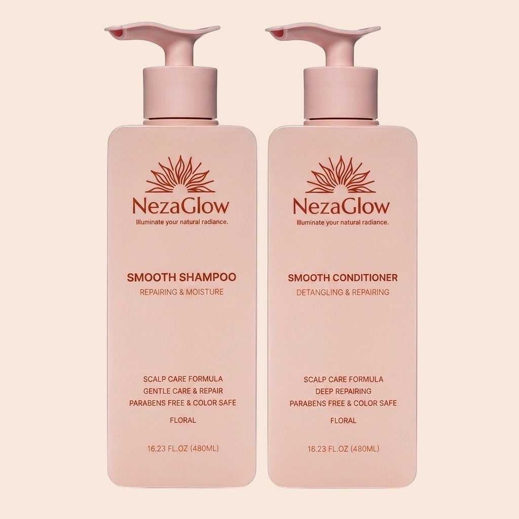 NezaGlow Smooth shampoo and conditioner set in matte pink bottles with pump dispensers for hair repair and hydration.