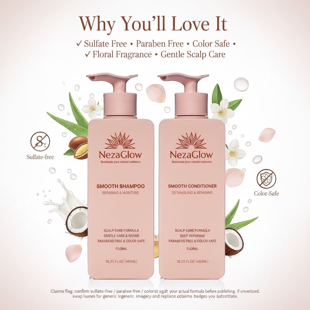 NezaGlow Smooth Shampoo and Conditioner set in pink pump bottles with floral and coconut ingredients on a light background