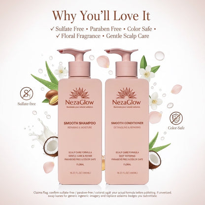NezaGlow Smooth Shampoo and Conditioner set in pink pump bottles with floral and coconut ingredients on a light background
