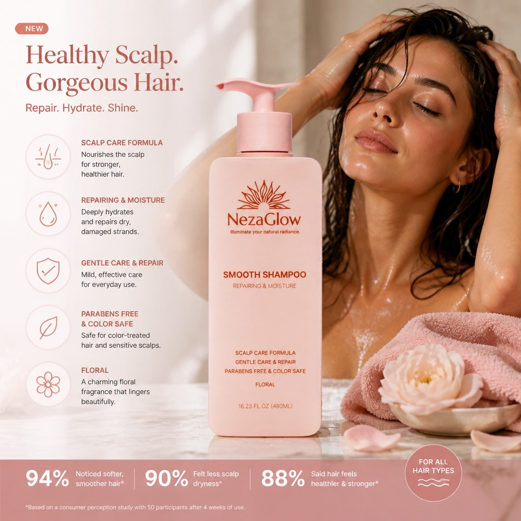 NezaGlow Smooth Shampoo in a pink bottle with pump, featuring floral notes and scalp-soothing ingredients.