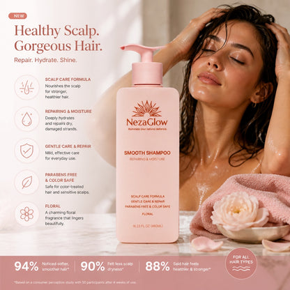 NezaGlow Smooth Shampoo in a pink bottle with pump, featuring floral notes and scalp-soothing ingredients.