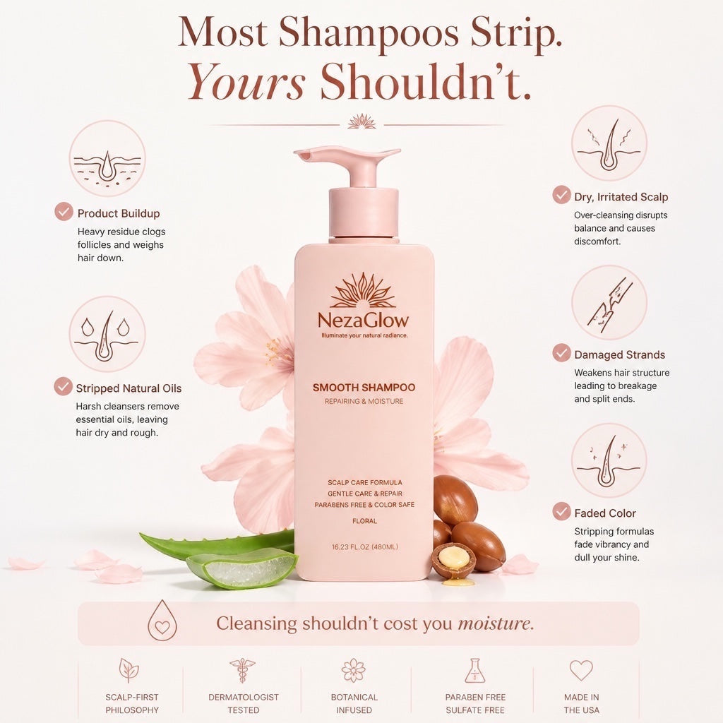 NezaGlow Smooth Shampoo bottle in a soft pink pump container with floral and botanical ingredients on display.