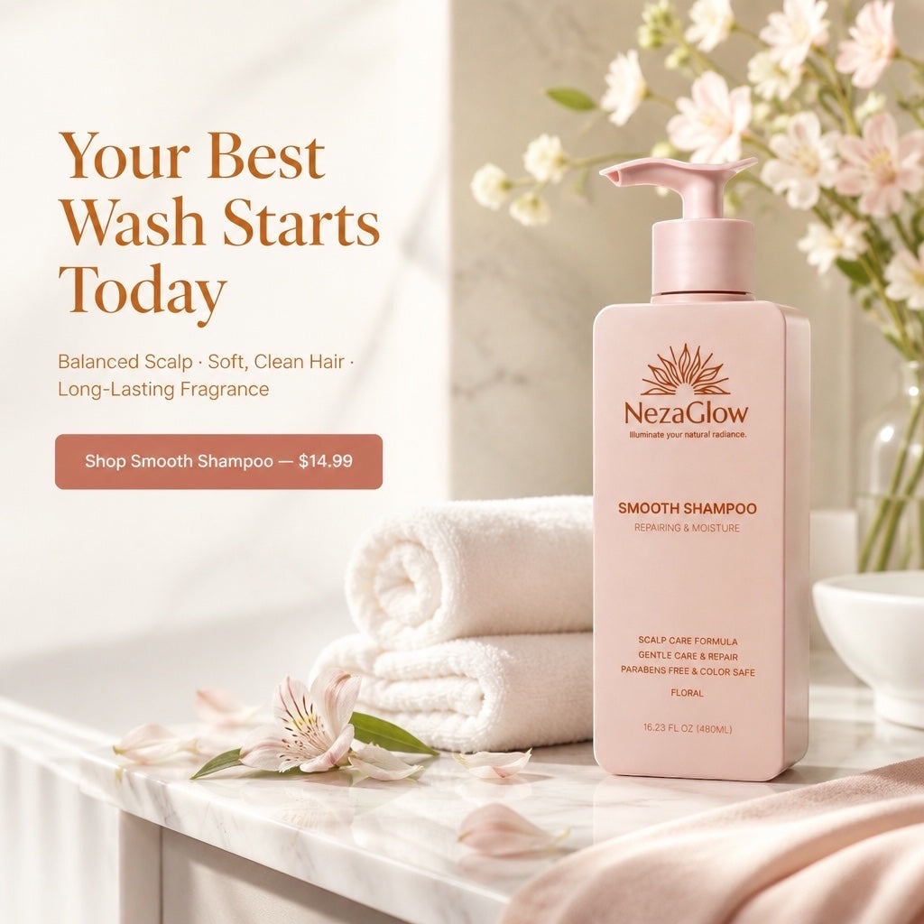 NezaGlow Smooth Shampoo in a pink pump bottle on a marble counter with white towels and flowers in the background.