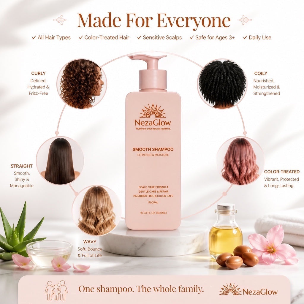 NezaGlow Smooth Shampoo bottle in a soft pink pump dispenser, surrounded by hair type examples and natural ingredients.