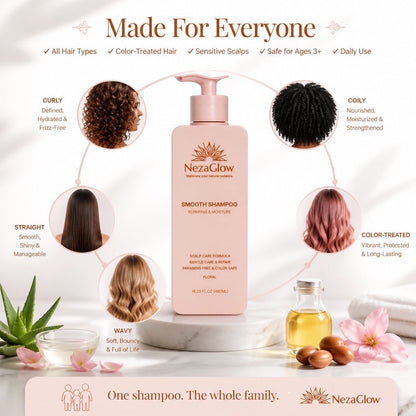 NezaGlow Smooth Shampoo bottle in a soft pink pump dispenser, surrounded by hair type examples and natural ingredients.