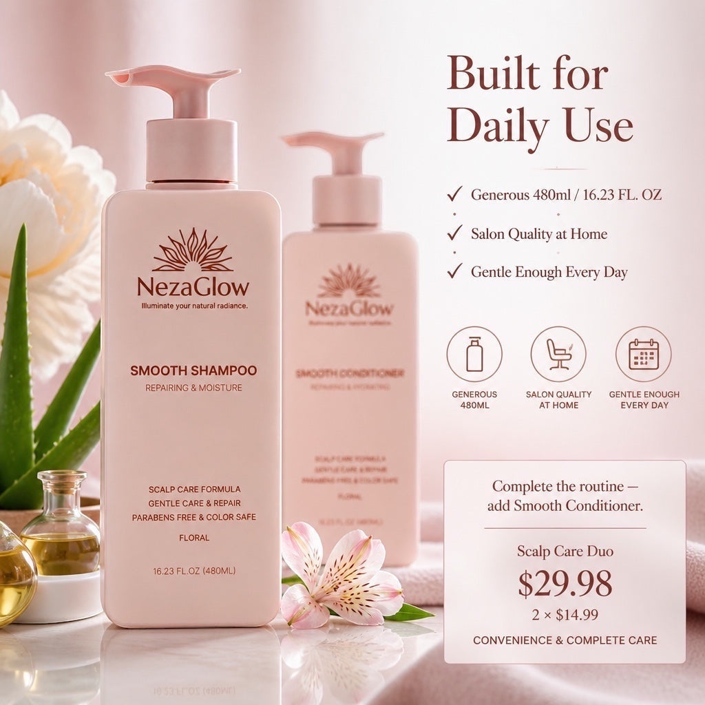 NezaGlow Smooth Shampoo in a light pink pump bottle, sulfate-free and color-safe formula for scalp care.