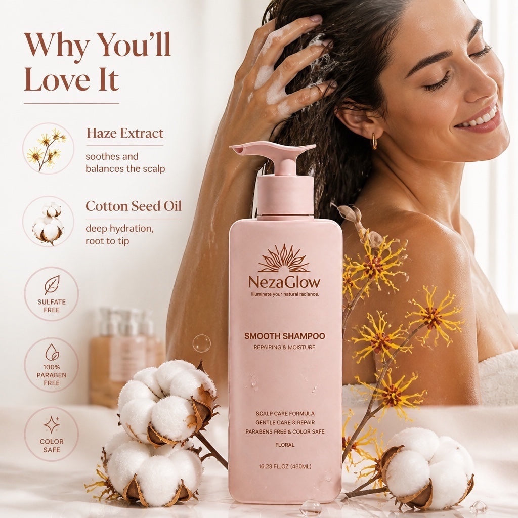 NezaGlow Smooth Shampoo bottle in light pink with cotton flowers and a smiling woman washing her hair in the background