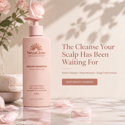 NezaGlow Smooth Shampoo in a pink pump bottle on a marble surface with rose petals and soft floral lighting.