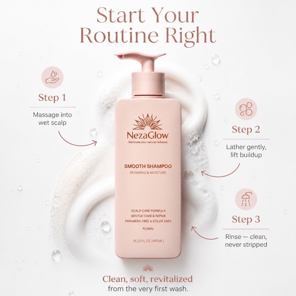 NezaGlow Smooth Shampoo in a pink pump bottle with instructional steps for a sulfate-free scalp-soothing hair routine.