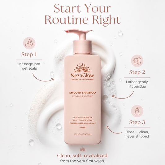 NezaGlow Smooth Shampoo in a pink pump bottle with instructional steps for a sulfate-free scalp-soothing hair routine.